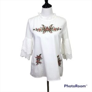 Listicle soft white romantic style blouse with 3/4 ruffled eyelet sleeve